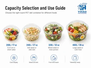 Round PET deli container capacity selection guide for salad bowls and deli food packaging