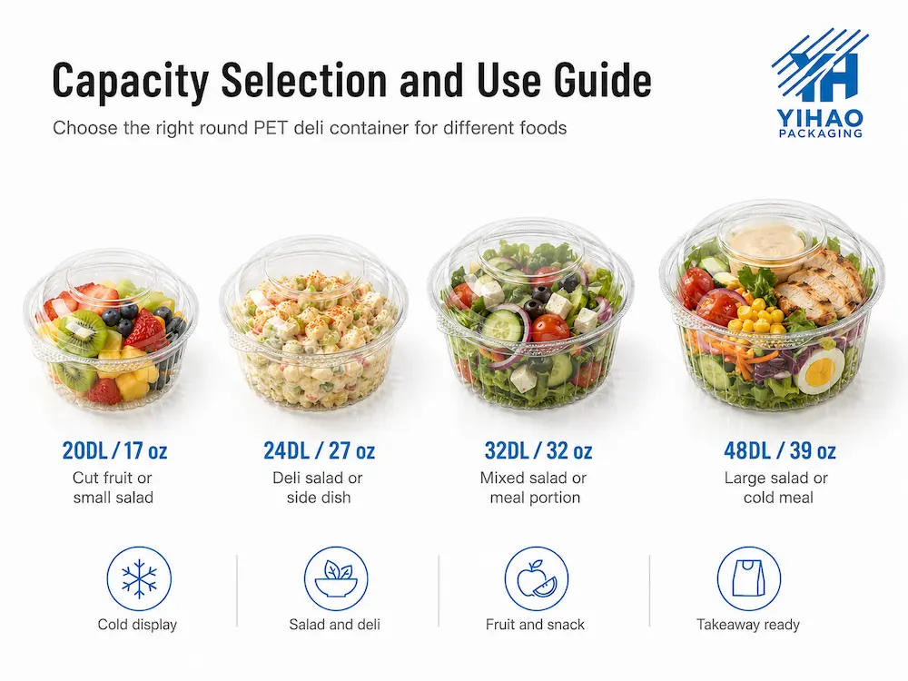 Round PET deli container capacity selection guide for salad bowls and deli food packaging