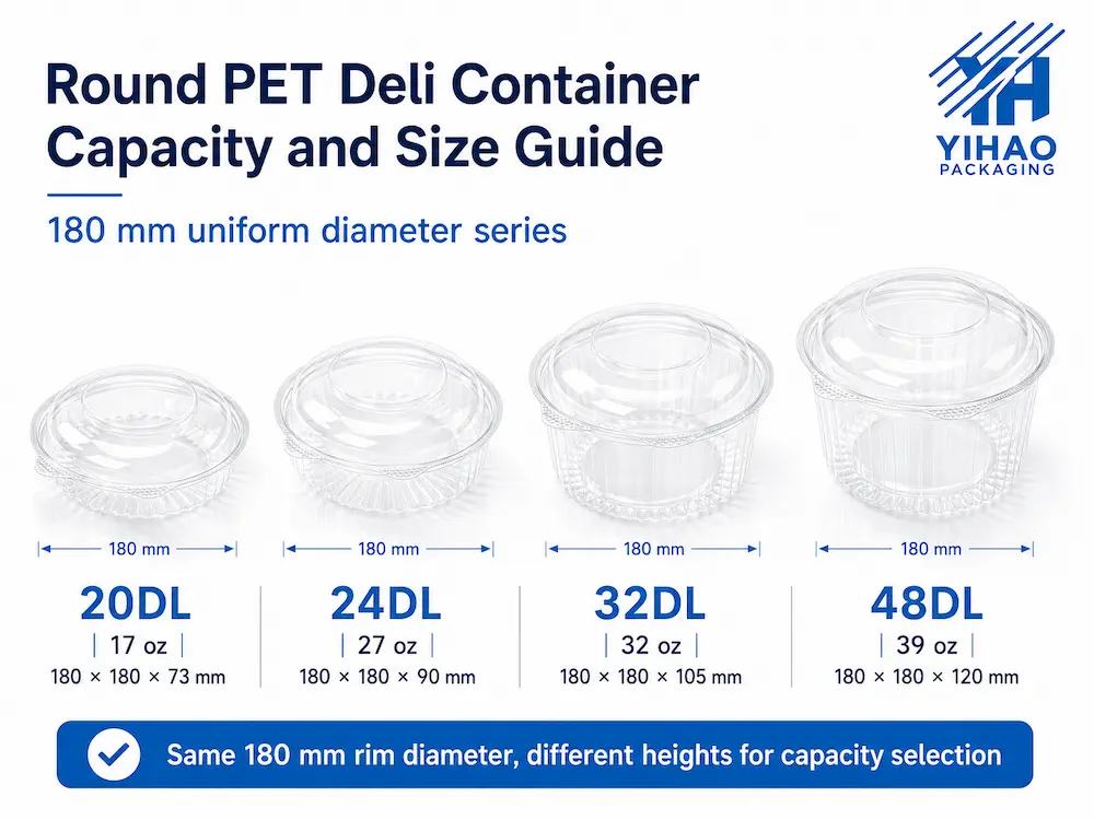 Round PET deli container size guide with 180 mm uniform diameter