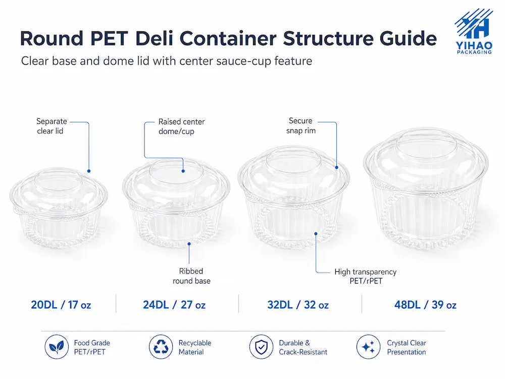 Round PET deli container structure guide with clear base and dome lid