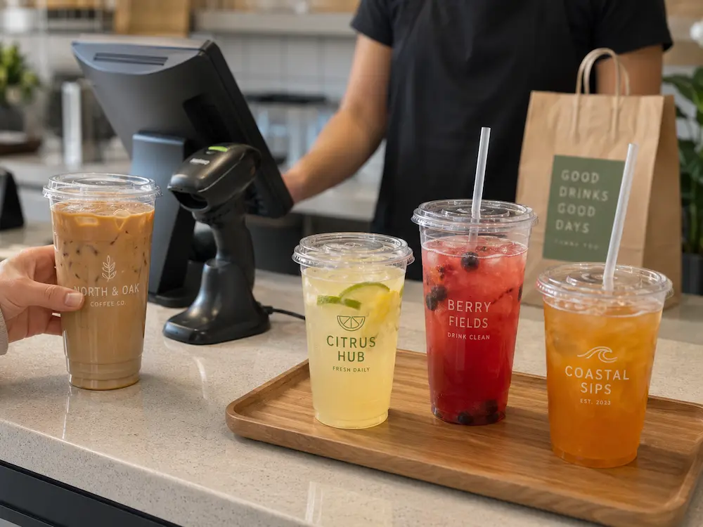 takeaway counter with clear PET cold cups for iced coffee lemonade and fruit drinks