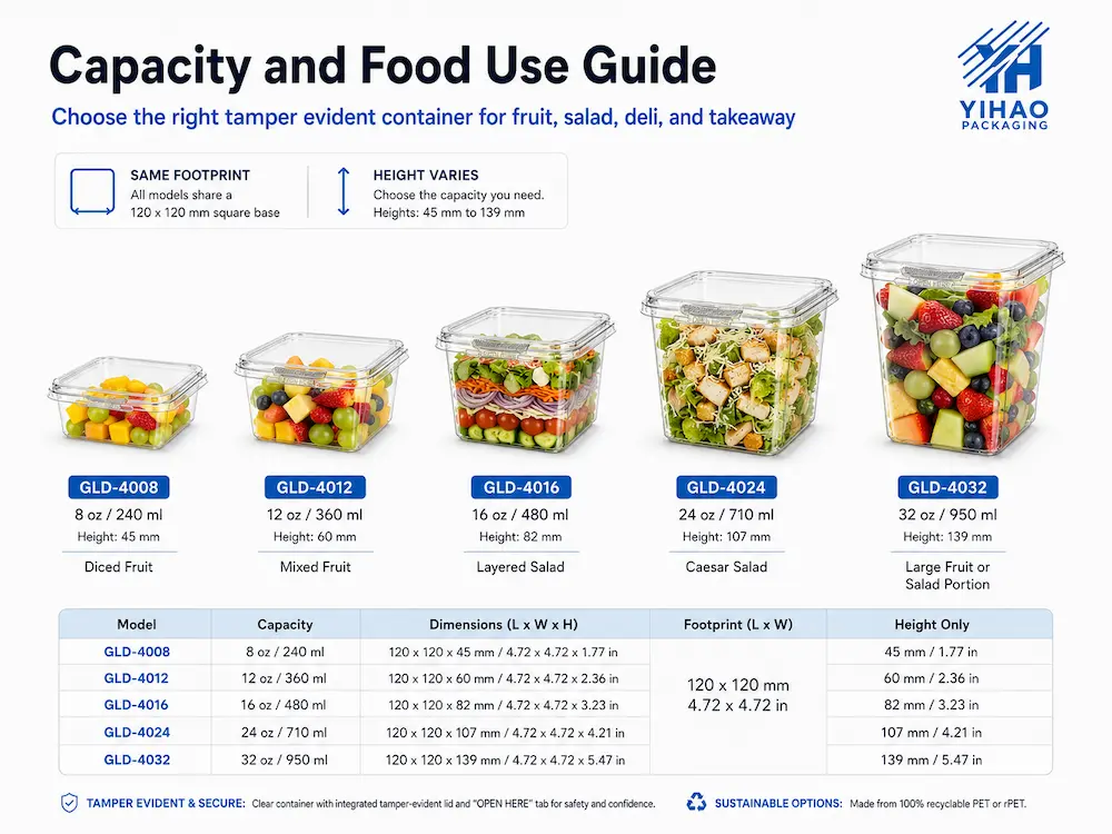 Tamper evident container capacity and food use guide for fruit salad deli and takeaway packaging