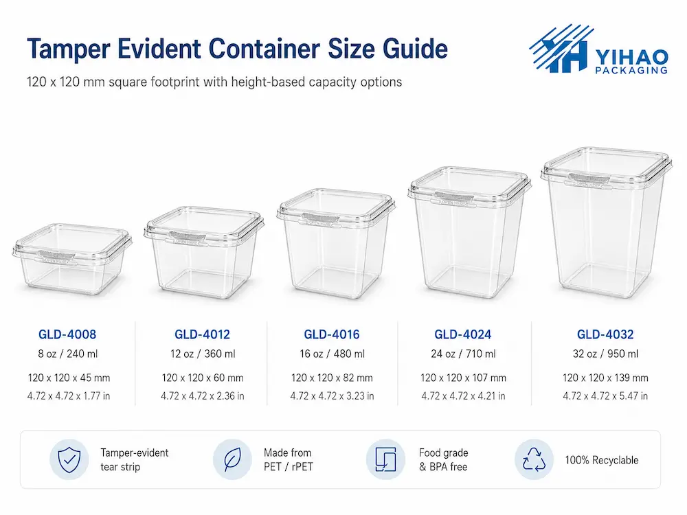 Tamper evident container size guide from 8 oz to 32 oz with 120 mm square footprint