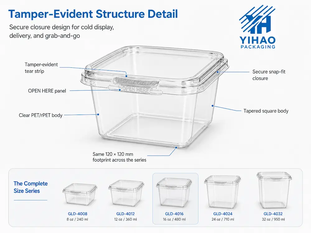Tamper evident clear PET container structure with tear strip, snap-fit closure and visible opening indicator