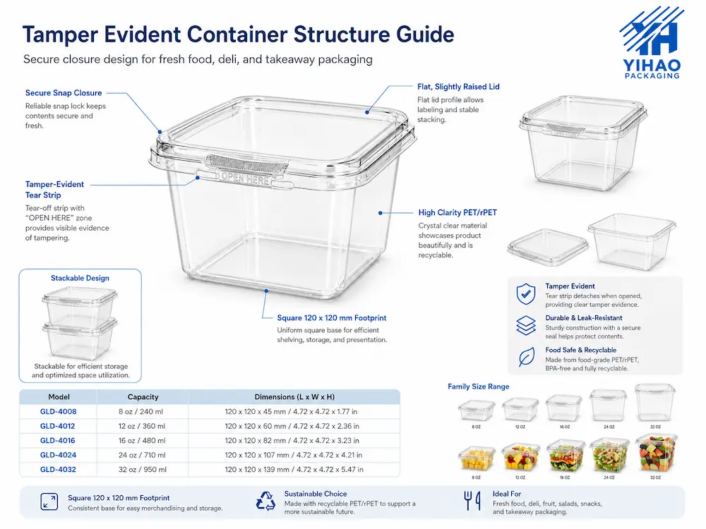 Tamper evident container structure guide showing tear strip secure closure and clear PET design