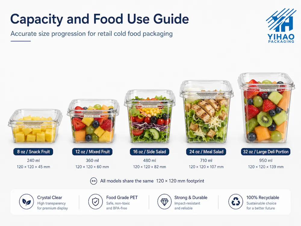 Tamper evident container capacity and food use guide for fruit, salad and deli portions
