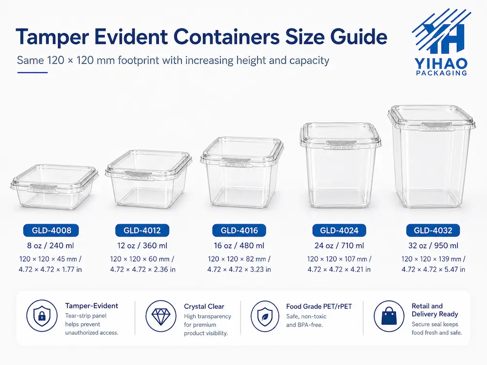Tamper evident containers size guide showing 8 oz to 32 oz clear PET containers
