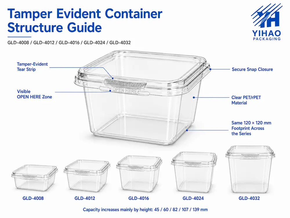 2026 Global Clear PET, rPET and Tamper Evident Food Packaging Buyer Guide 2 Tamper evident food container structure with tear strip and secure snap closure