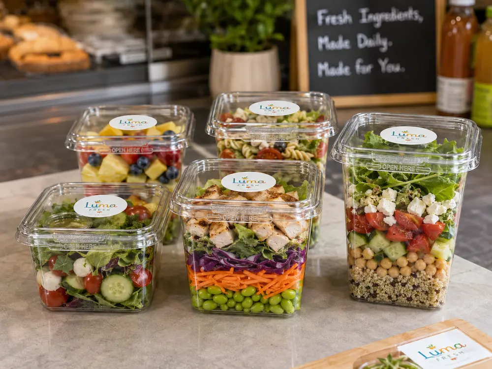 Tamper evident PET containers filled with salads and fruit for deli and grab-and-go food packaging