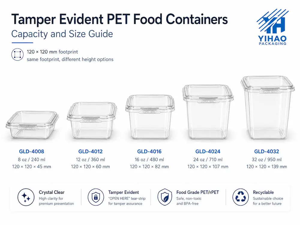 Tamper evident PET food containers capacity and size guide from 8 oz to 32 oz