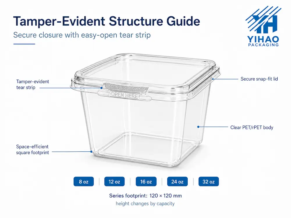 Tamper evident PET food container structure guide with tear strip and snap-fit lid details