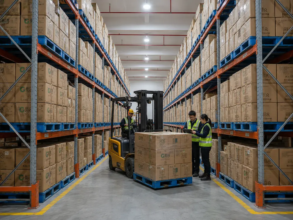 Organized warehouse storage for wholesale clear PET deli container cartons