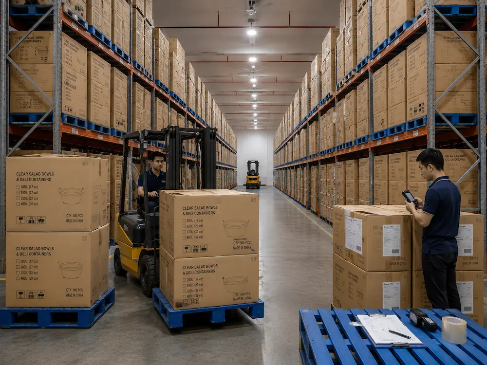 Wholesale clear salad bowl cartons in warehouse for food packaging distribution