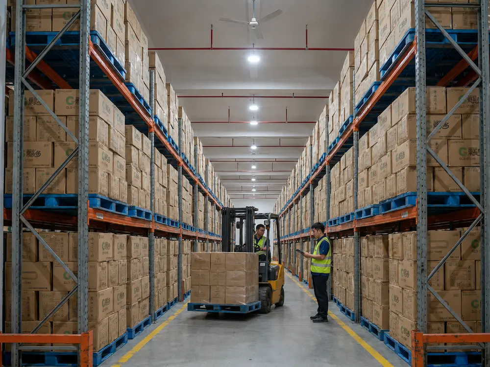 Wholesale packaging warehouse with cartons and palletized food container inventory