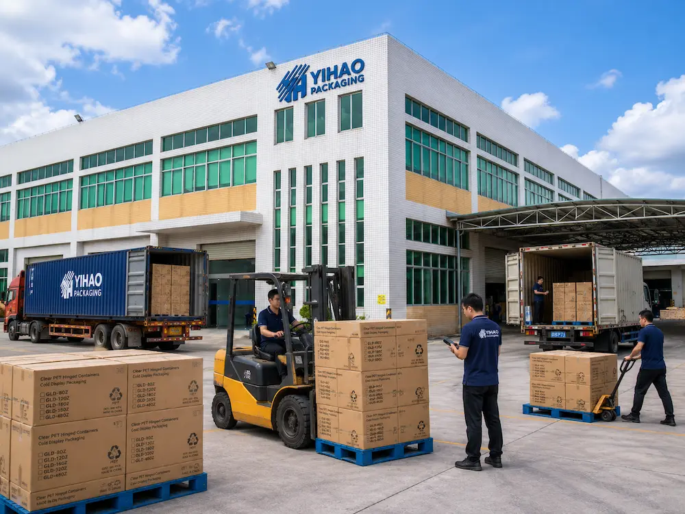 YIHAO factory loading clear PET food packaging cartons for export orders