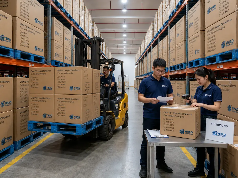 YIHAO outbound warehouse for clear PET hinged deli container shipments