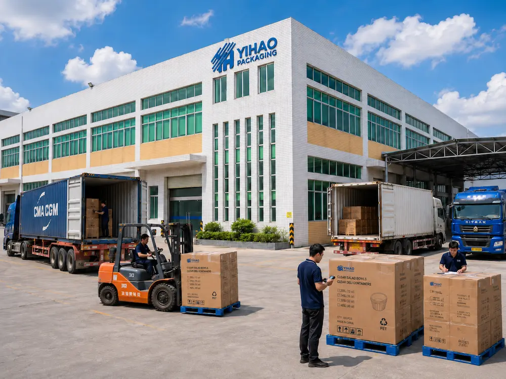 YIHAO clear salad bowl and deli container factory loading for wholesale orders