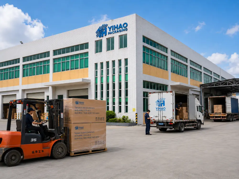 2026 Global Clear PET, rPET and Tamper Evident Food Packaging Buyer Guide 6 YIHAO factory loading tamper evident food packaging cartons for export shipment