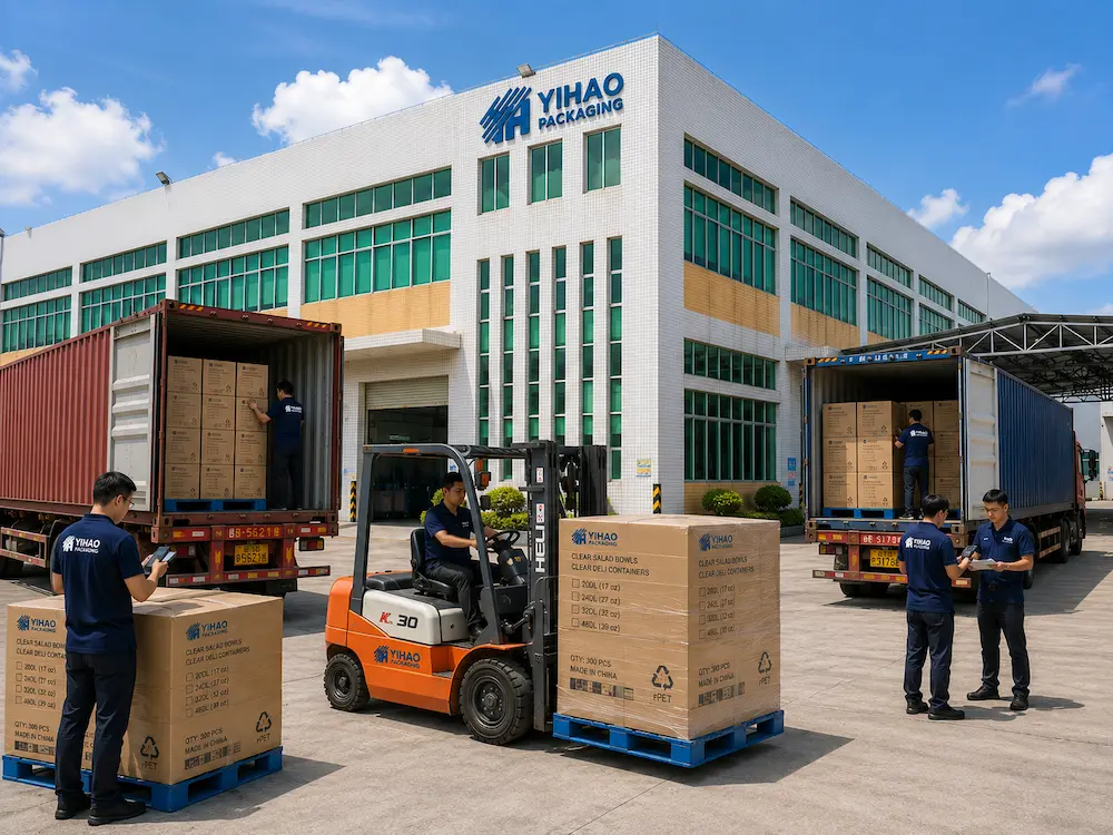 YIHAO food packaging factory loading clear PET container cartons for wholesale shipment