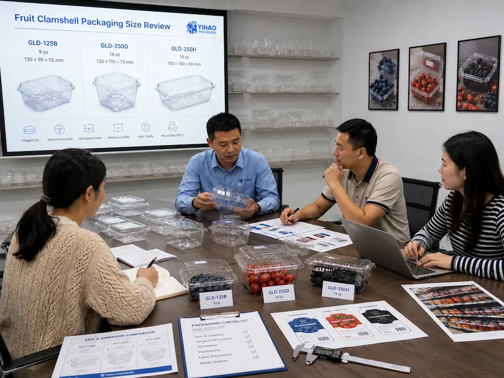 Fruit Clamshell Packaging Size Guide for Berries, Grapes, Cherry Tomatoes, Apples and Fresh-Cut Fruit 7 YIHAO fruit clamshell packaging sample review meeting for produce packaging buyers