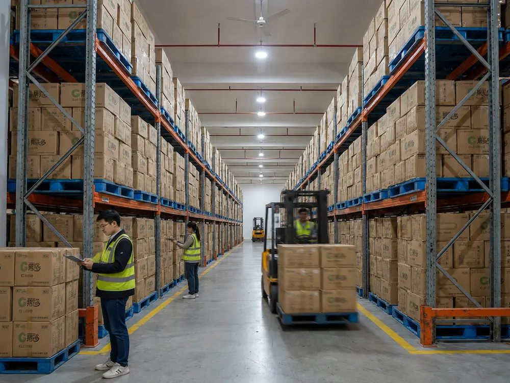 Fruit Clamshell Packaging Size Guide for Berries, Grapes, Cherry Tomatoes, Apples and Fresh-Cut Fruit 6 YIHAO fruit clamshell packaging warehouse with stacked cartons and forklift handling