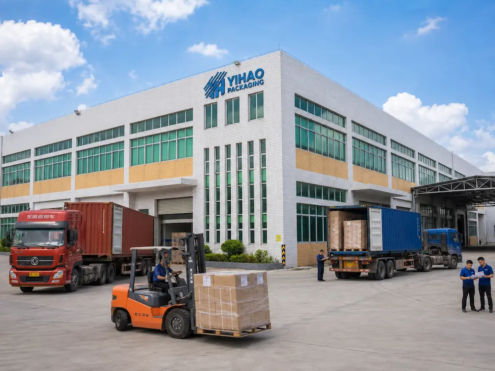 YIHAO packaging factory loading area with cartons pallets trucks and outbound shipment