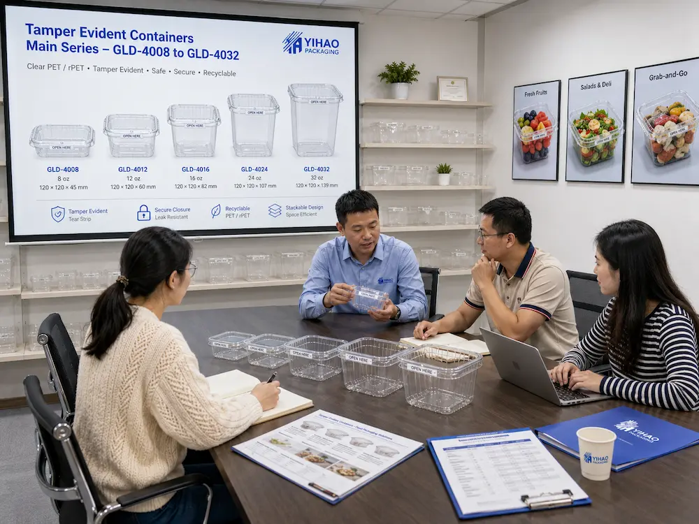 2026 Global Clear PET, rPET and Tamper Evident Food Packaging Buyer Guide 7 YIHAO packaging sample review meeting for clear PET tamper evident containers
