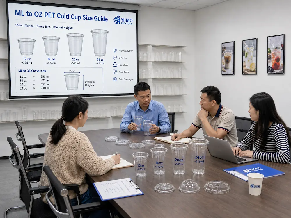 PET cold cup sample review meeting for ml to oz capacity and lid compatibility discussion