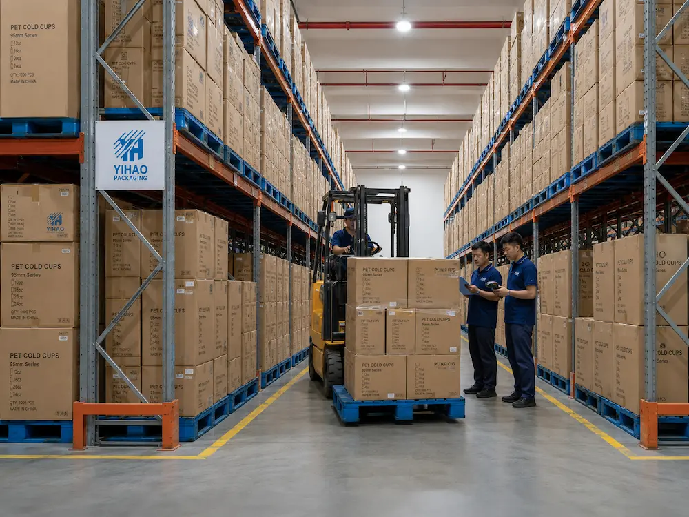 YIHAO warehouse with PET cold cup cartons and organized pallet storage