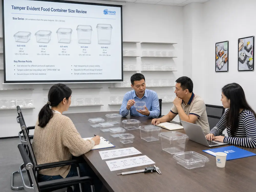 YIHAO team reviewing tamper evident food container sizes and sample structures