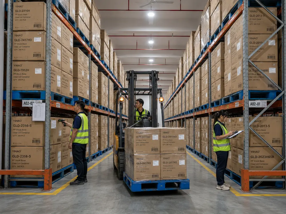 YIHAO warehouse inventory for PP black base food containers packed in cartons