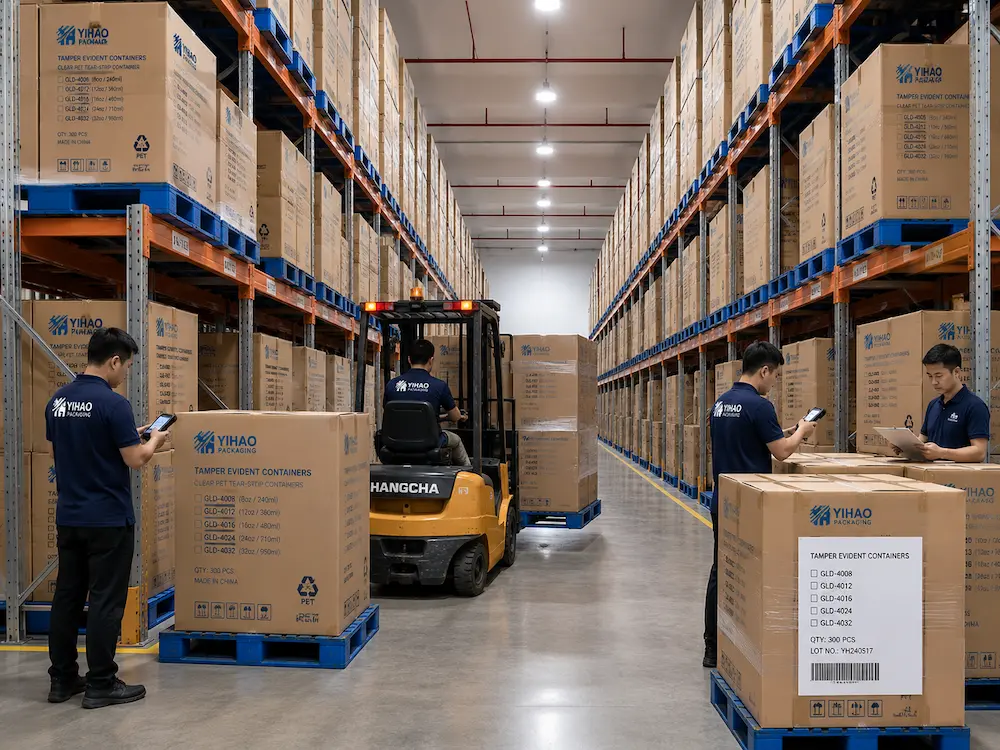 2026 Global Clear PET, rPET and Tamper Evident Food Packaging Buyer Guide 4 YIHAO warehouse with tamper evident food packaging cartons and export inventory