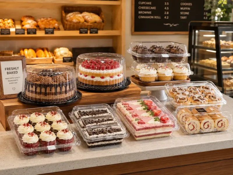 Bakery containers displayed on a bakery counter with cakes, cupcakes, pastries, and dessert boxes