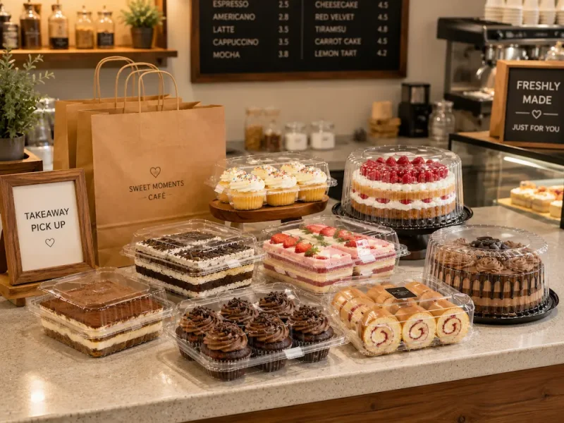 Bakery containers for café and dessert takeaway with cakes, cupcakes, roll cakes, and clear dessert boxes