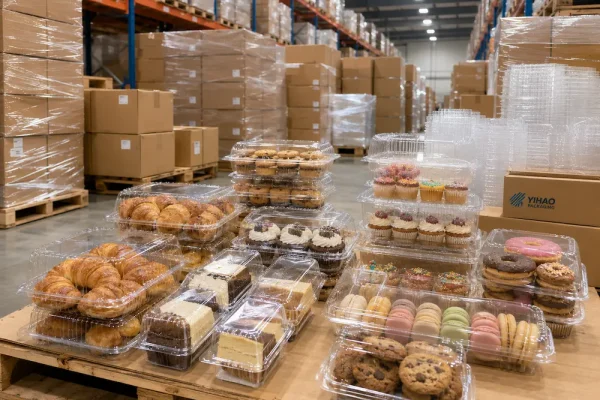 Bakery containers displayed in a wholesale warehouse with clear clamshell boxes for cupcakes, cookies, croissants, macarons and cake slices