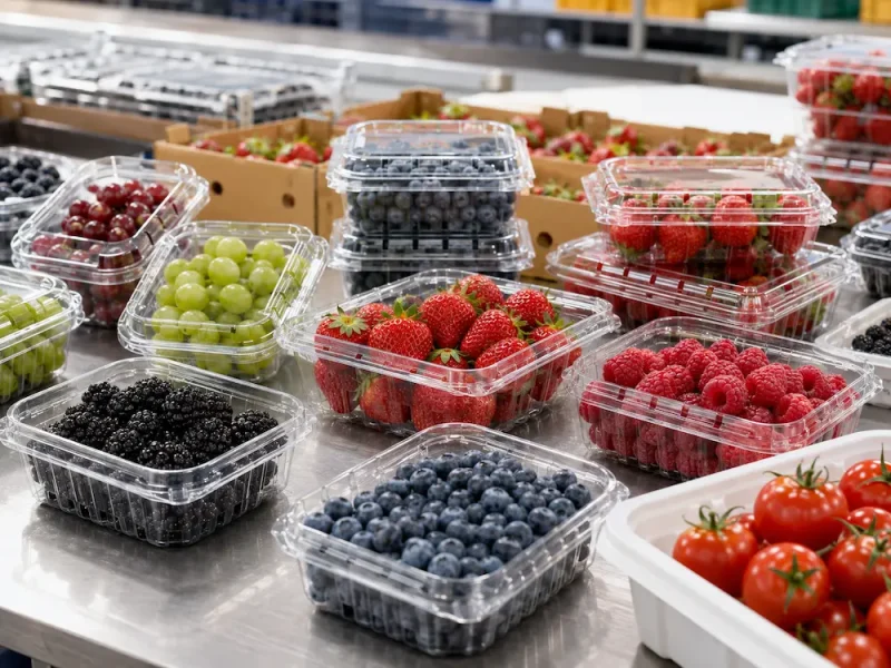 berry-and-small-produce-clamshell-packaging Clear clamshell containers for berries, grapes, cherry tomatoes, and small fresh produce packaging on a packing table