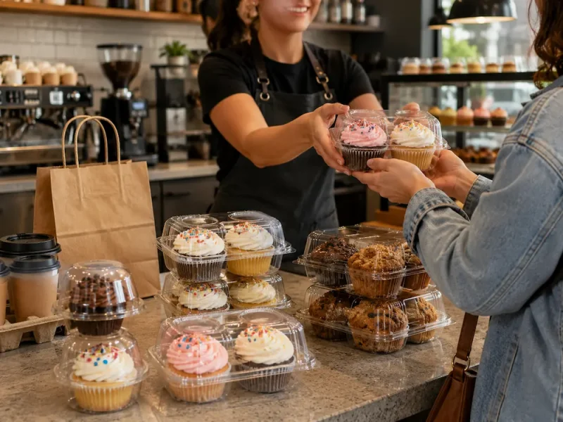 cafe-takeout-grab-and-go-cupcake-muffin-containers Clear PET cupcake and muffin containers for cafe takeout and grab-and-go bakery service