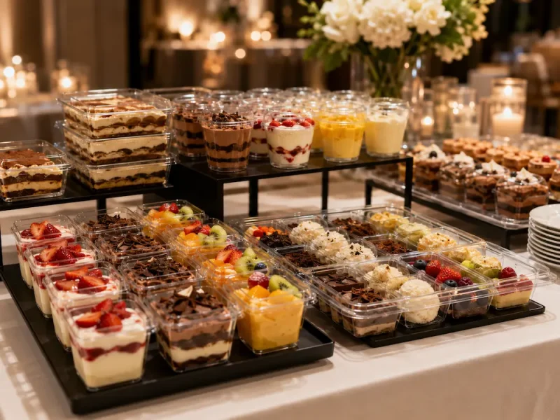 Clear dessert containers and mini dessert cups arranged for catering and dessert event packs