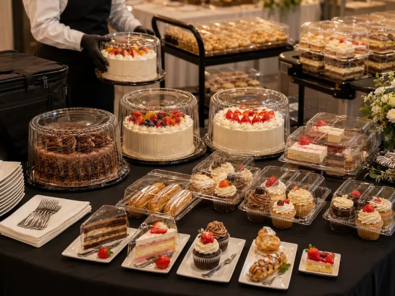 catering-event-supply-dome-lid-cake-containers Clear dome lid cake containers and bakery clamshells prepared for catering and event dessert service