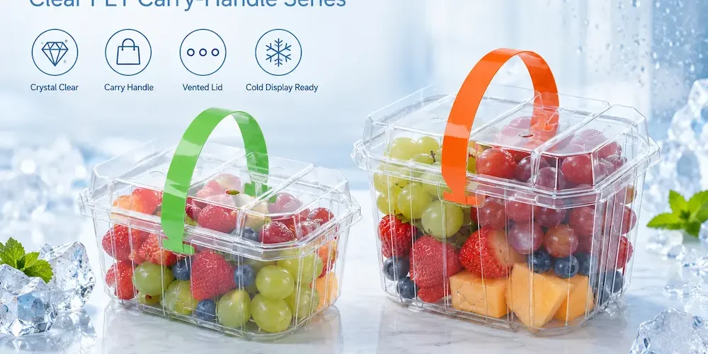 Chilled fruit packaging with clear PET carry-handle containers for fresh-cut fruit display