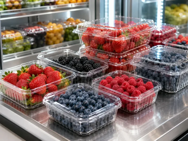 clear-pet-berry-clamshell-containers-retail-display Clear PET berry clamshell containers filled with strawberries, blueberries, raspberries, and blackberries in a refrigerated retail display