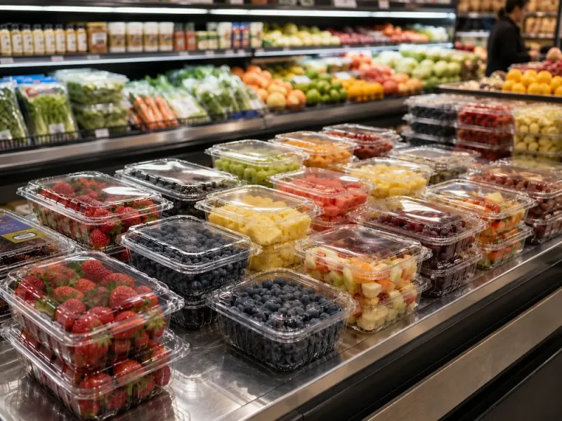 clear-pet-produce-clamshell-containers-supermarket-display Clear PET produce clamshell containers displayed in a supermarket for fresh fruit, berries, and wholesale retail food packaging
