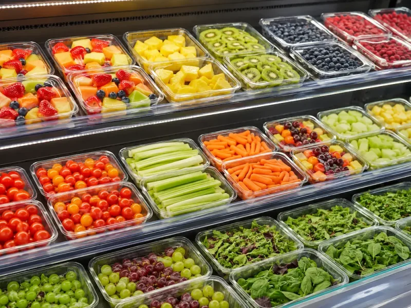 Clear PET produce trays for grab-and-go fresh fruit and vegetable packaging