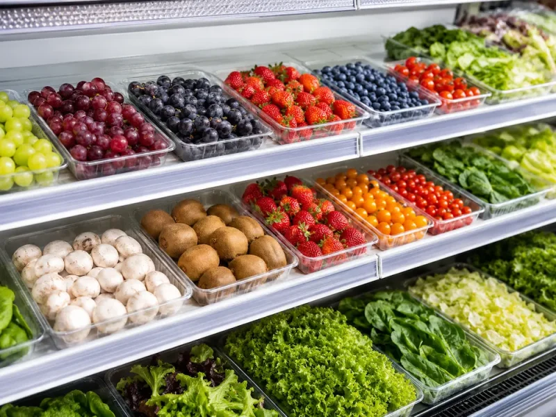 Clear PET produce trays for supermarket fresh fruit and vegetable displays