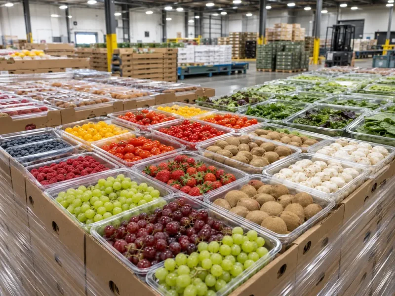 Clear PET produce trays for wholesale fresh produce distribution and pallet packing