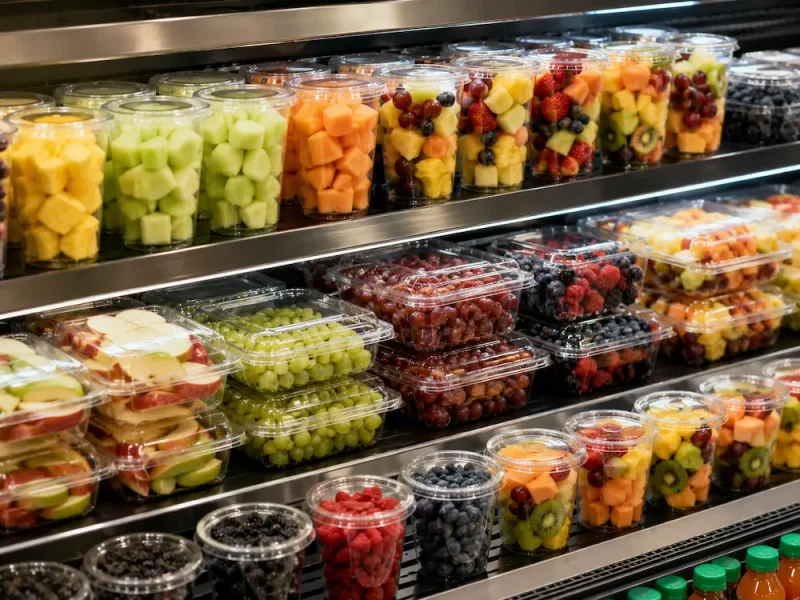 Clear PET fruit cups and small fresh-cut fruit containers arranged in a convenience store grab-and-go cooler