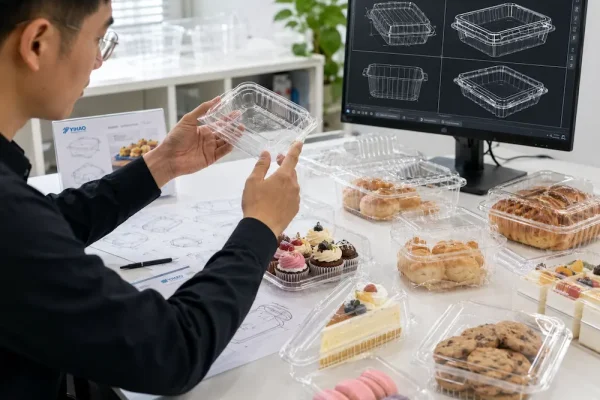 Packaging engineer reviewing clear bakery container samples for custom dessert and pastry packaging development