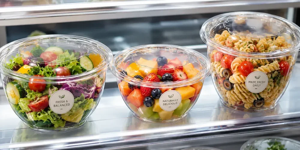 Clear round PET deli containers filled with salad, fruit and pasta in a refrigerated retail display
