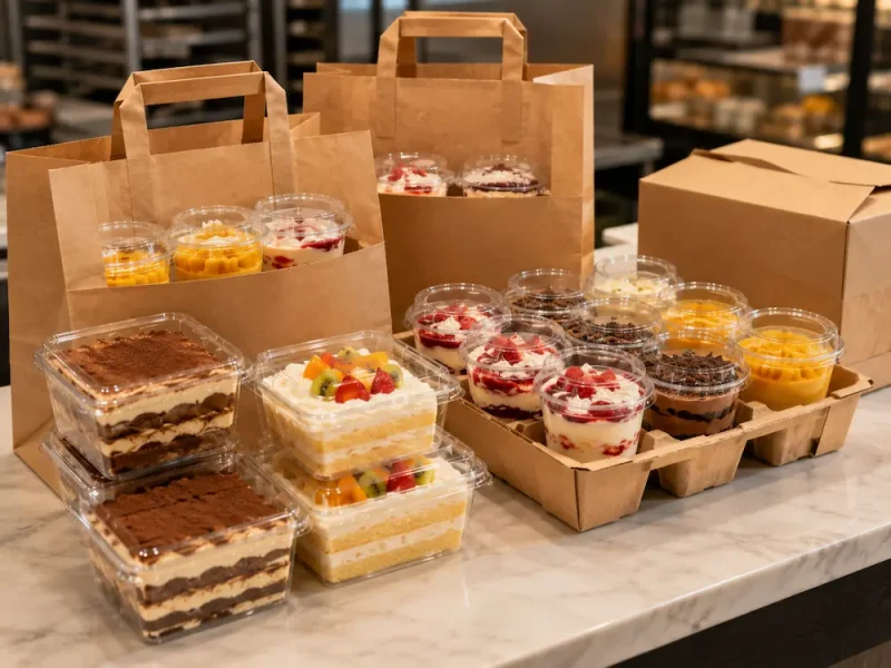 Dessert containers with secure lids prepared for bakery takeout and delivery packaging