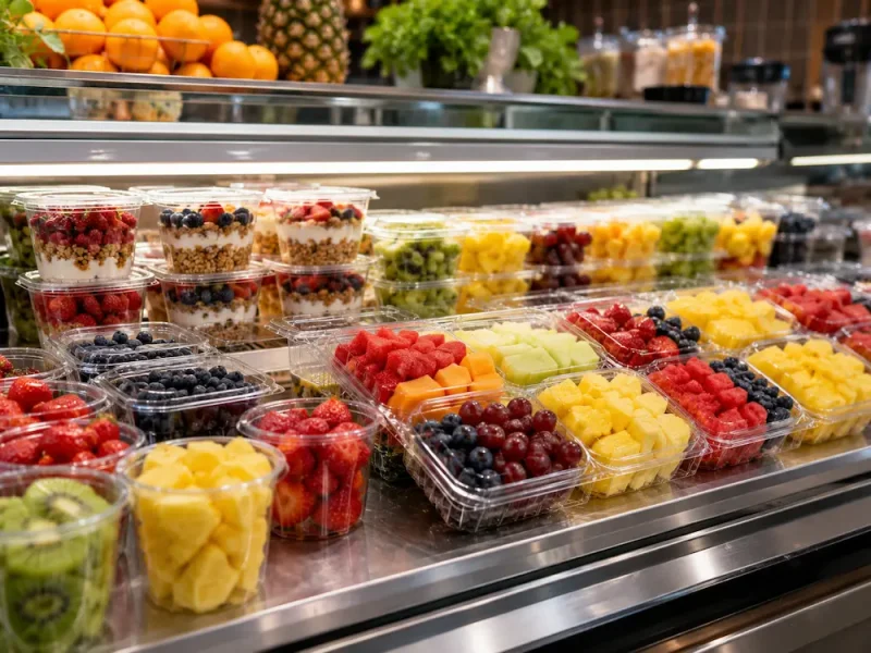 Fresh-cut fruit containers and fruit cups for juice bars and cafes with mixed fruit, berries, pineapple, kiwi and parfait packs